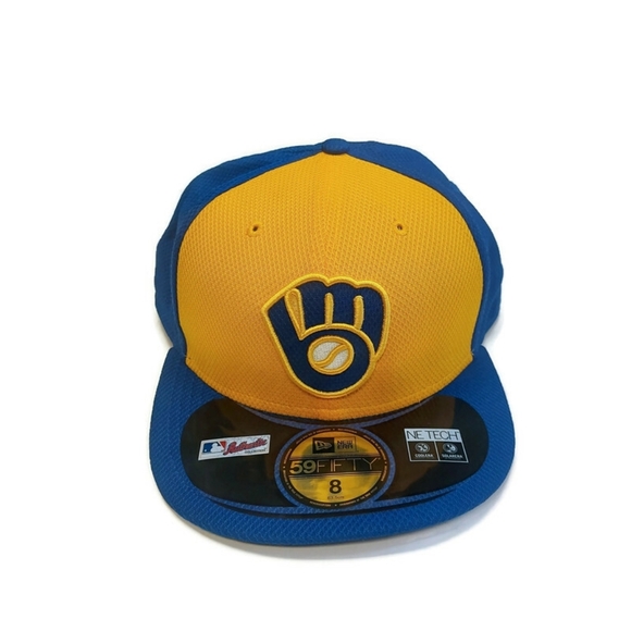 59Fifty New Era Size 8 Milwaukee Brewers Fitted Hat Performance Cap Blue Yellow - Picture 1 of 6